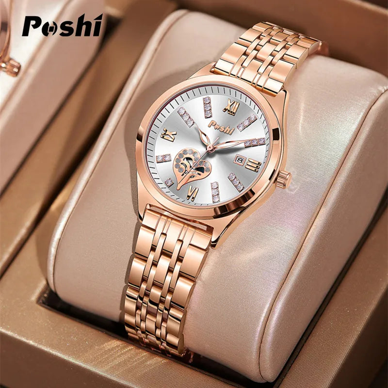 POSHI Women Watches Fashion Stainless Steel Date Ladies Wristwatch Waterproof Quarzt Watch Girlfriend Gift Relogio Feminino